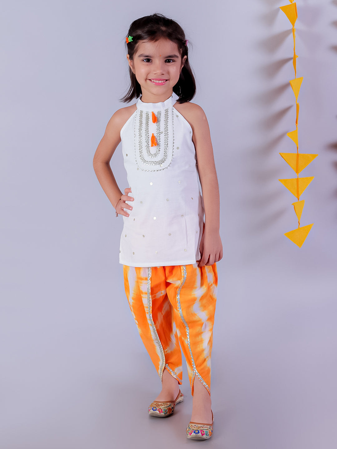 White Girls Cotton Kurta and Orange Dhoti Ethnic Set - Kee&Ka