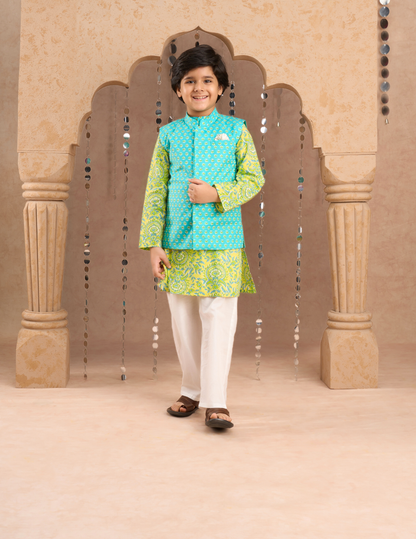Boys Green Kurta and Pyjama with Jacket Ethnic Set - Kee&Ka