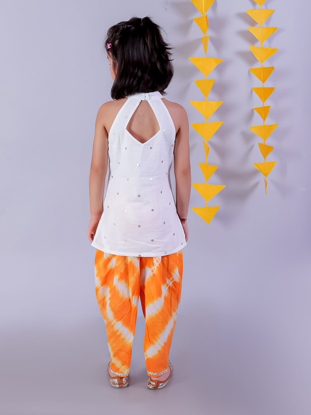 White Girls Cotton Kurta and Orange Dhoti Ethnic Set - Kee&Ka