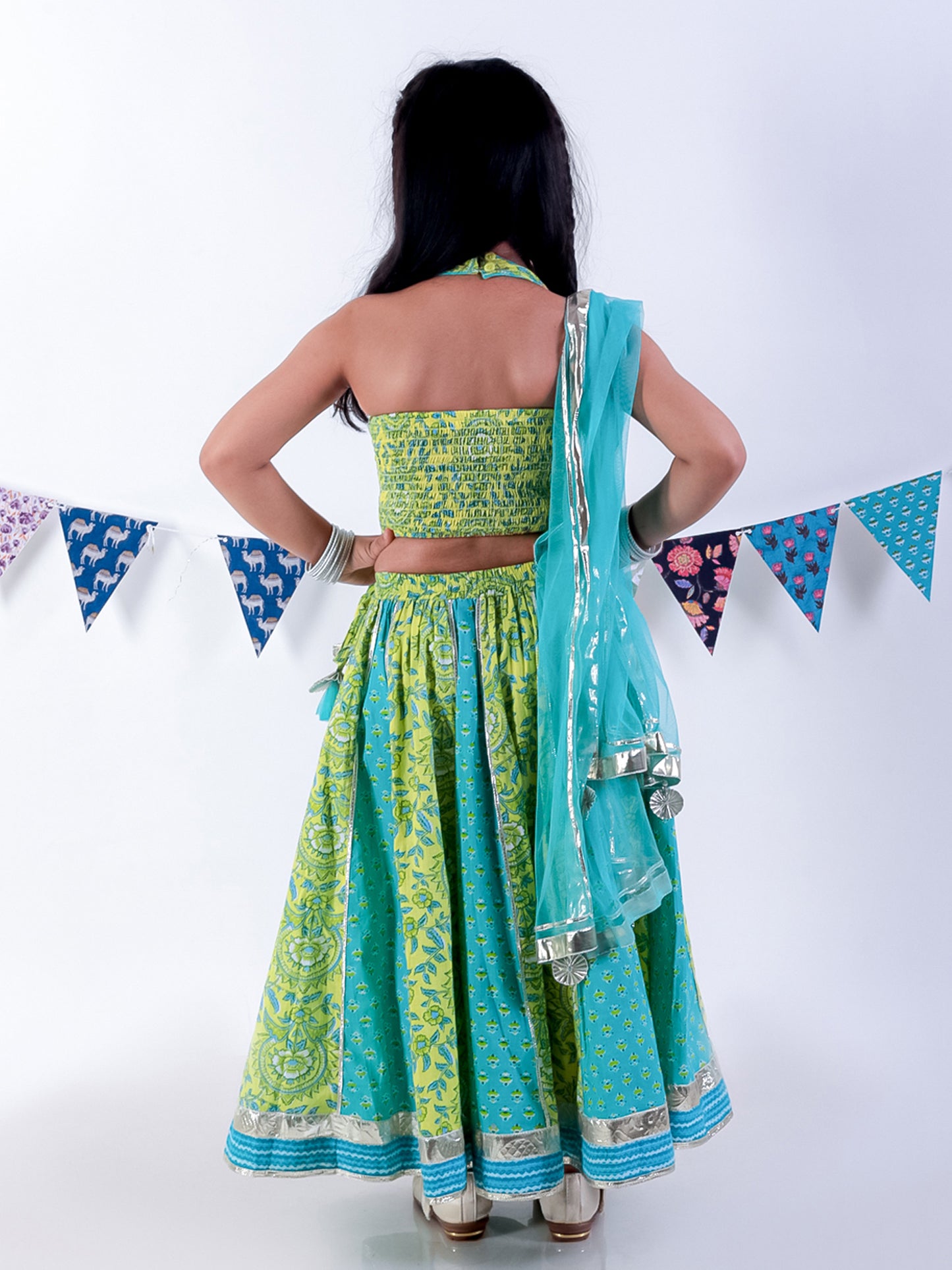 Girls Green Cotton Lehanga and Choli with Dupata Ethnic Set - Kee&Ka