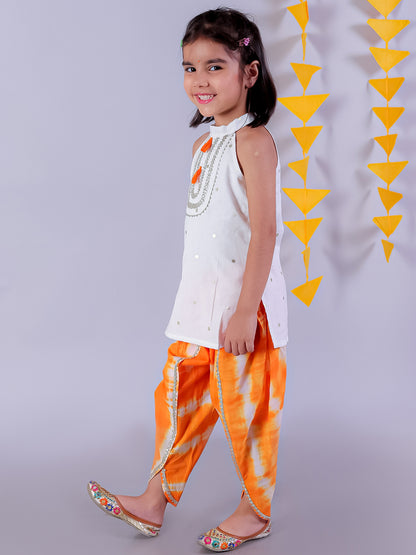 White Girls Cotton Kurta and Orange Dhoti Ethnic Set - Kee&Ka