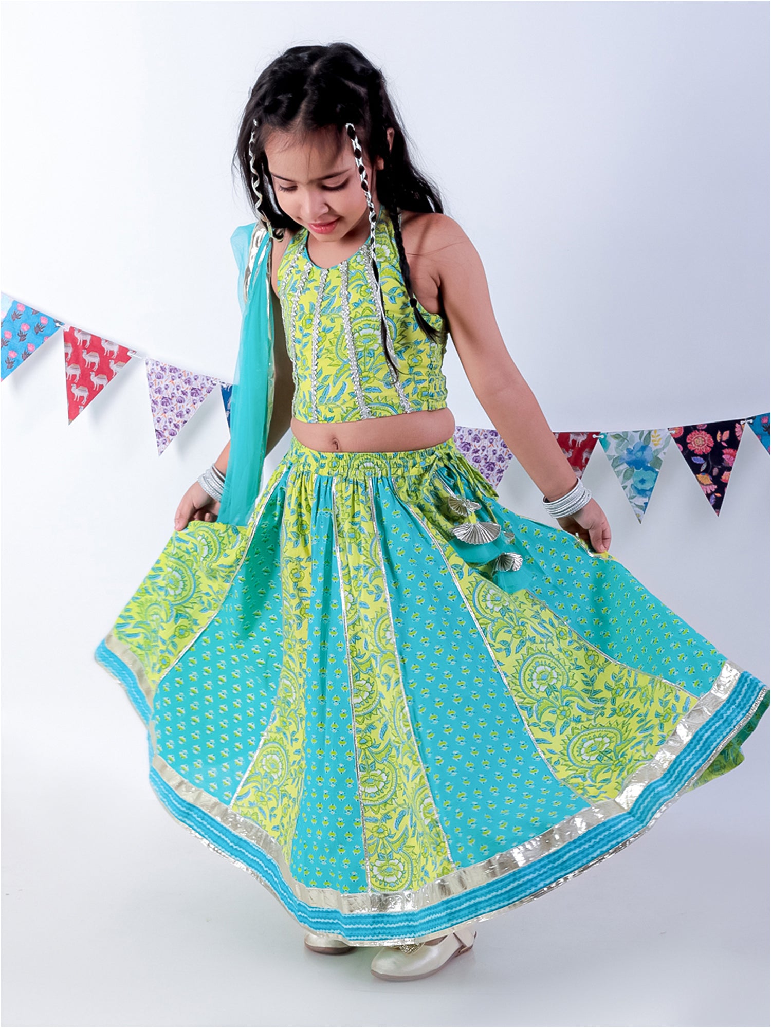 Girls Green Cotton Lehanga and Choli with Dupata Ethnic Set - Kee&Ka