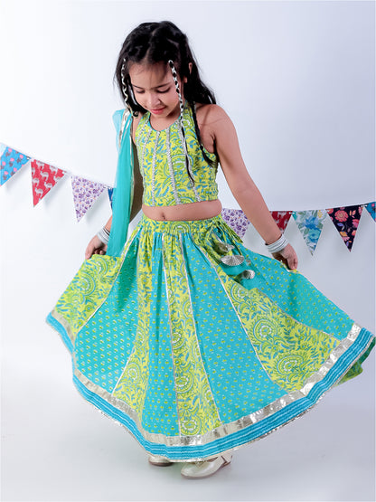 Girls Green Cotton Lehanga and Choli with Dupata Ethnic Set - Kee&Ka