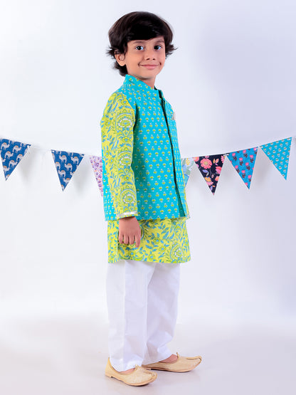 Boys Green Kurta and Pyjama with Jacket Ethnic Set - Kee&Ka