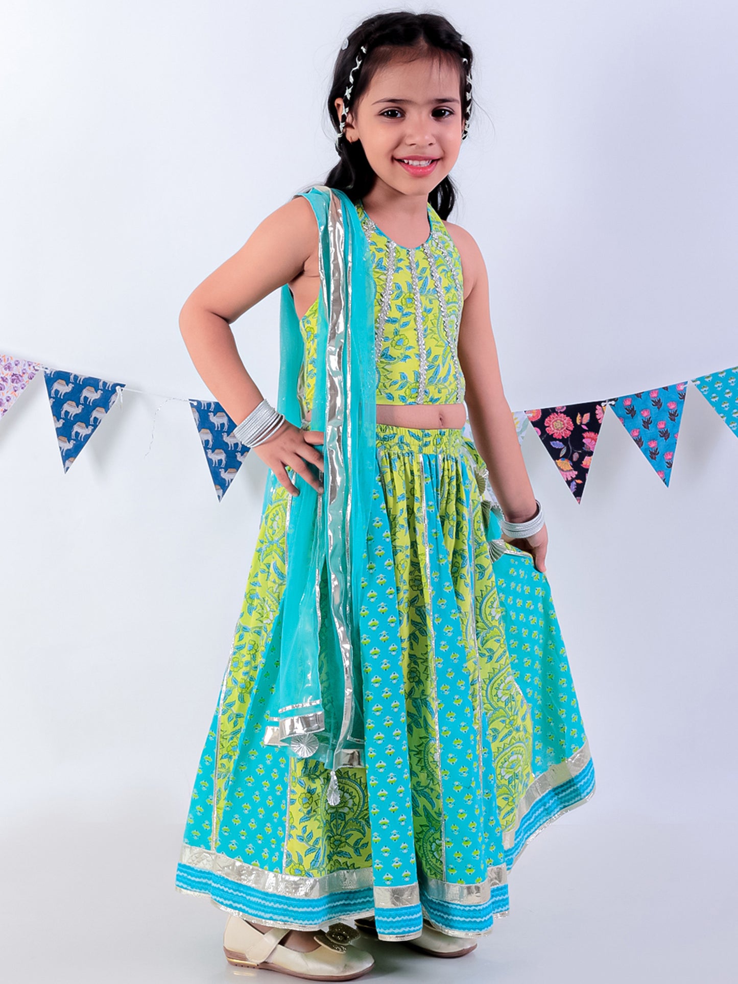 Girls Green Cotton Lehanga and Choli with Dupata Ethnic Set - Kee&Ka