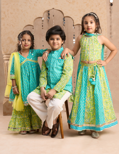 Boys Green Kurta and Pyjama with Jacket Ethnic Set - Kee&Ka