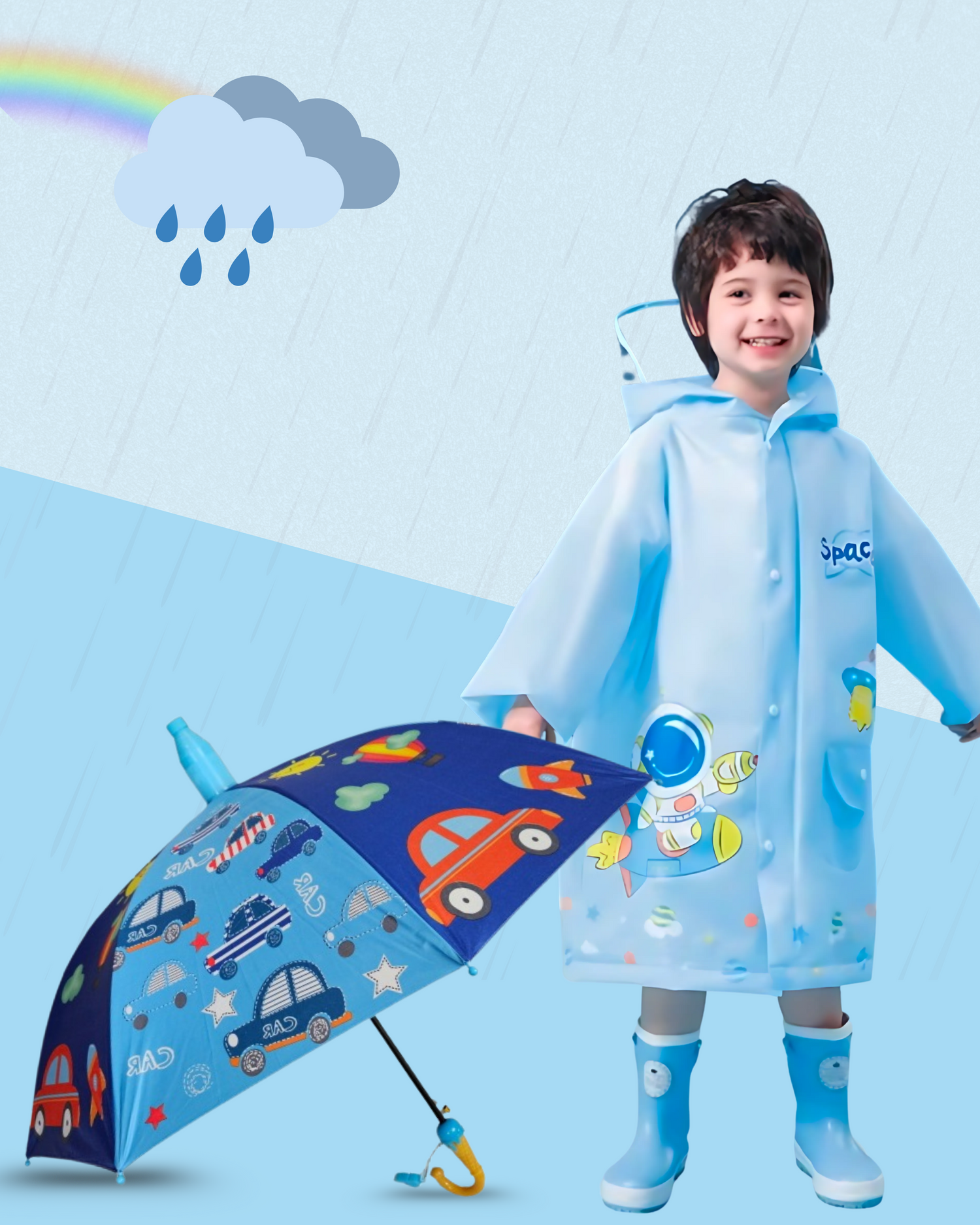 Car Print Umbrella + Blue Planet Raincoat - Kee&Ka