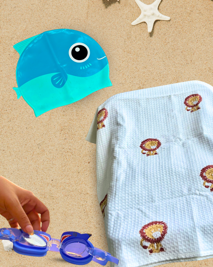 Tiger Towels+Shark Goggles+Blue Fish Cap Combo - Kee&Ka