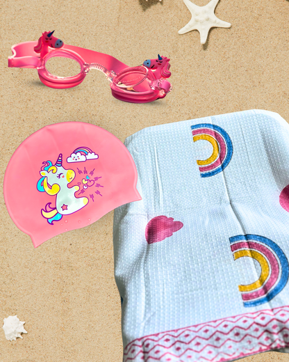 Rainbow Towels + Unicorn Goggles + Unicorn Fish Cap Combo - Kee&Ka
