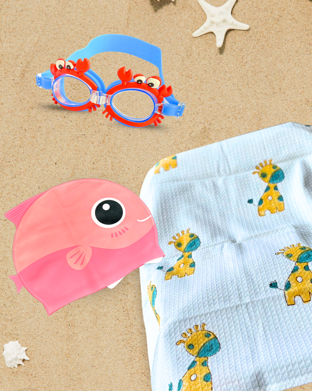 Giraffe Towels+Crab Goggles+Pink Fish Cap Combo - Kee&Ka