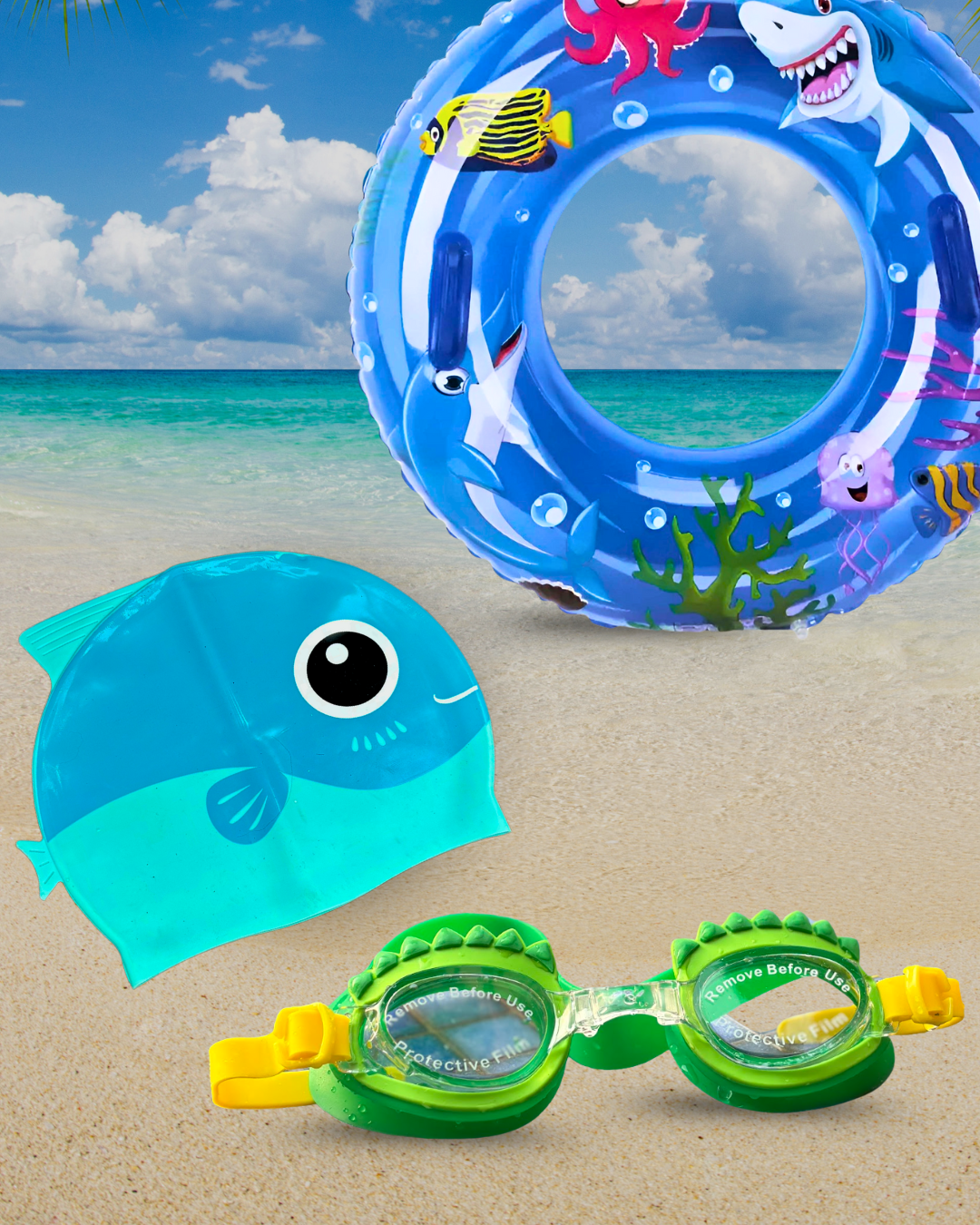 Crocodile Goggle+Blue Fish Cap+Aqua Tube Combo - Kee&Ka