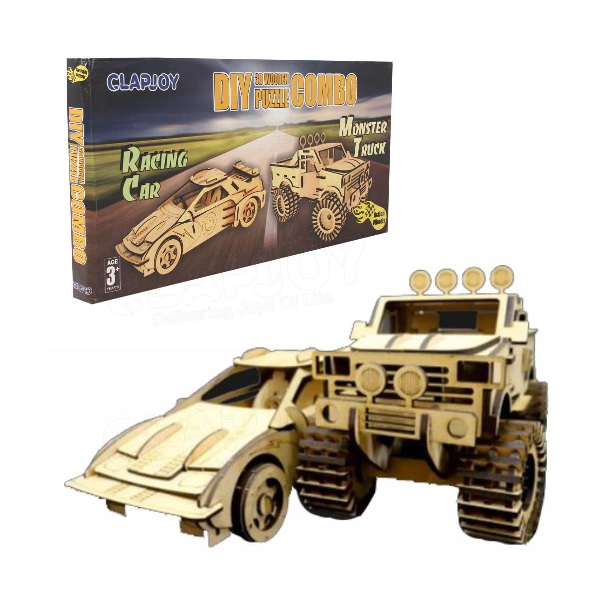 Clapjoy 3D Wooden Puzzle Monster Truck and Racing Car Combo - Kee&Ka