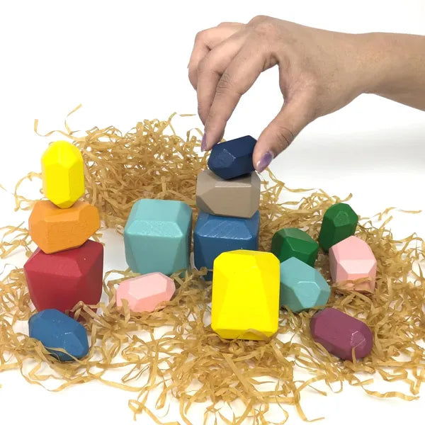 Wooden Stacking Stones- 16 Pieces Geometric Building Blocks - Kee&Ka