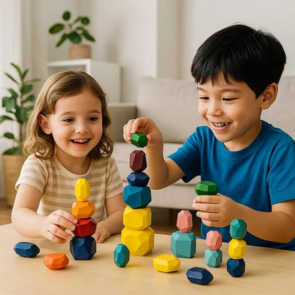Wooden Stacking Stones- 16 Pieces Geometric Building Blocks - Kee&Ka